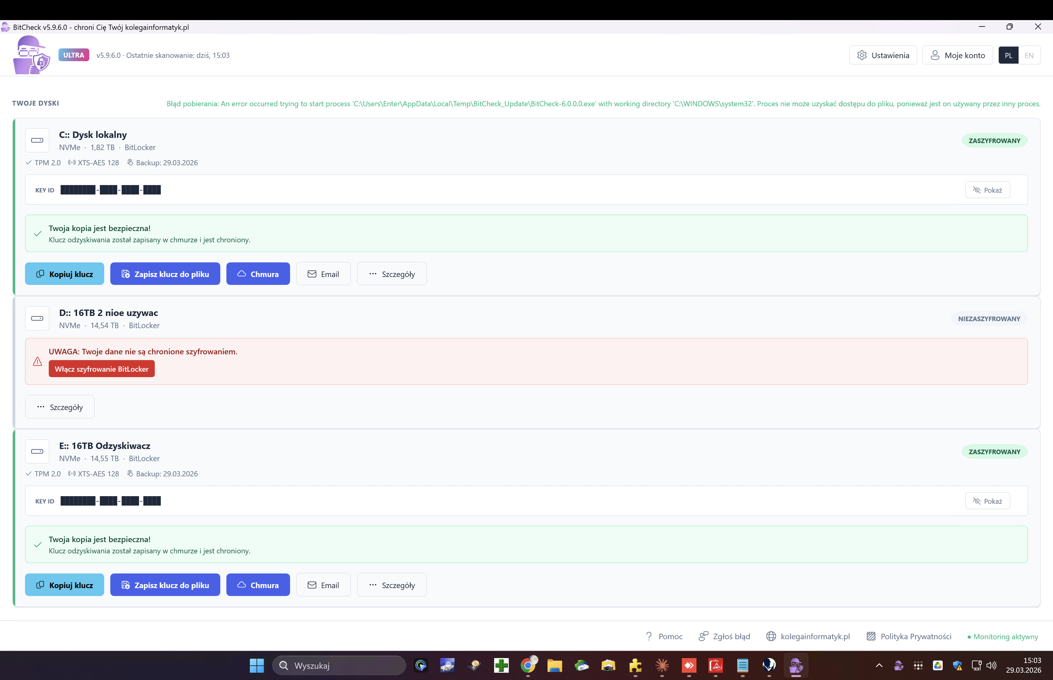3 dyski — zaszyfrowane, niezaszyfrowane, chronione