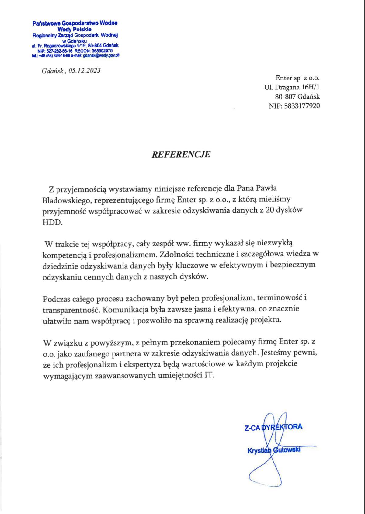 Referencja od Państwowe Gospodarstwo Wodne Wody Polskie