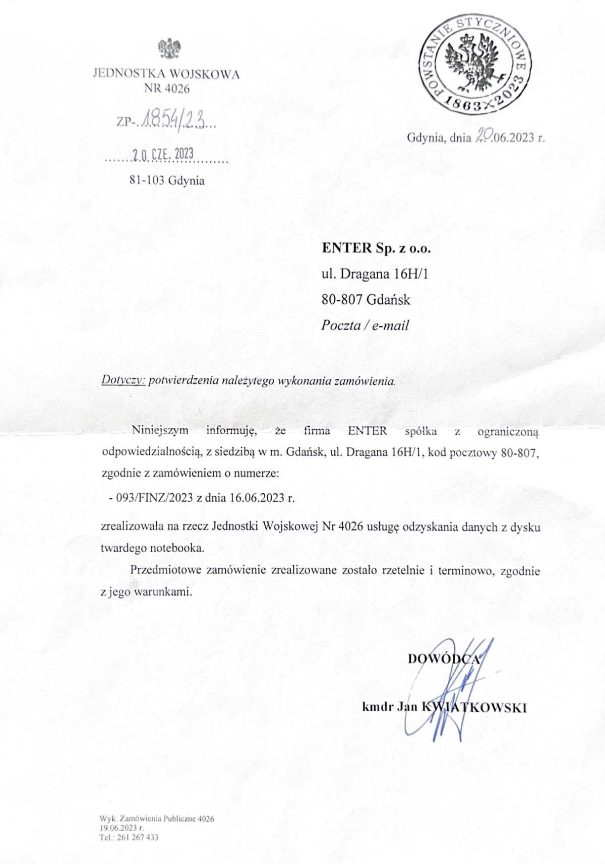 Referencja od Jednostka Wojskowa Nr 4026