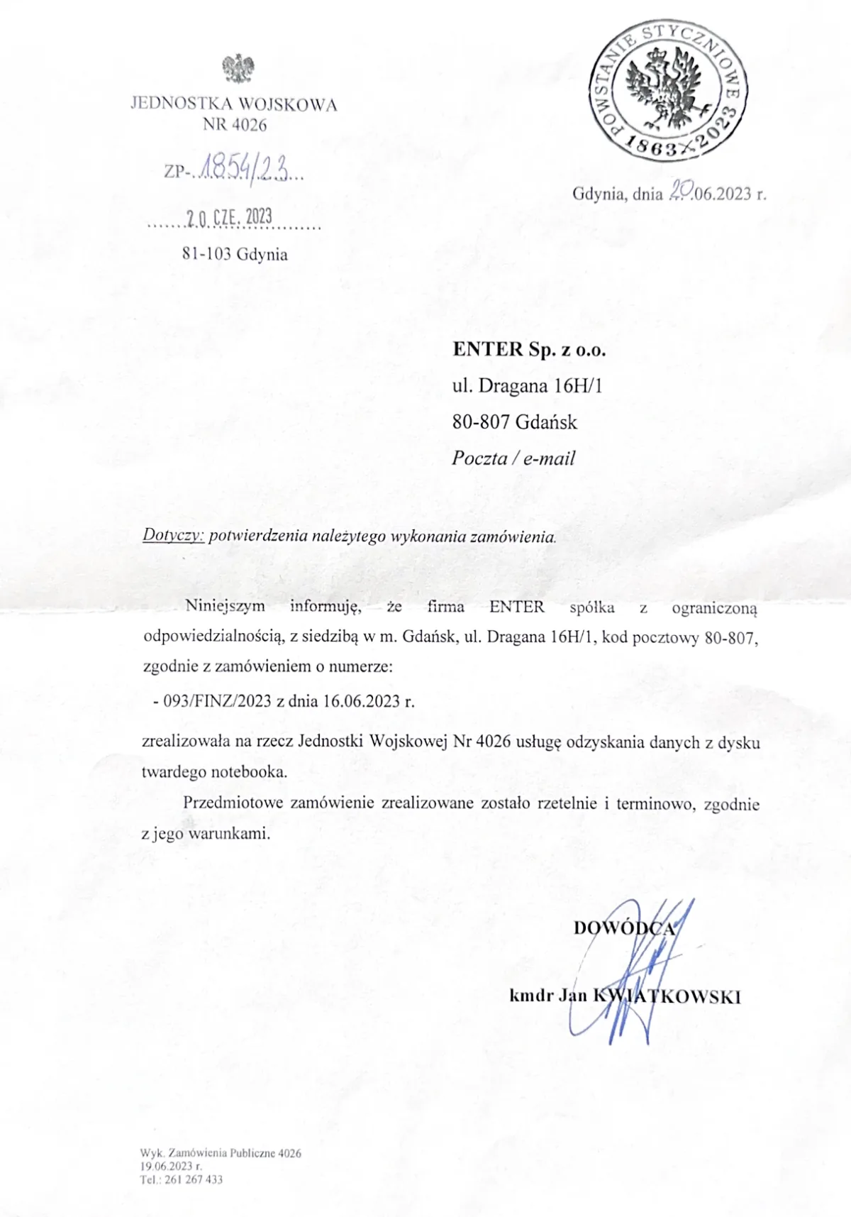 Referencja od Jednostka Wojskowa Nr 4026
