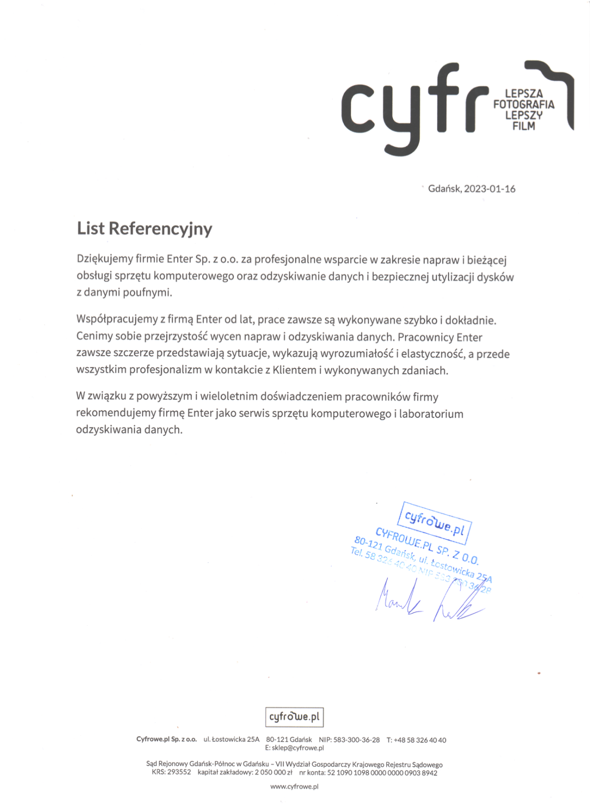 Referencja od Cyfron Sp. z o.o.