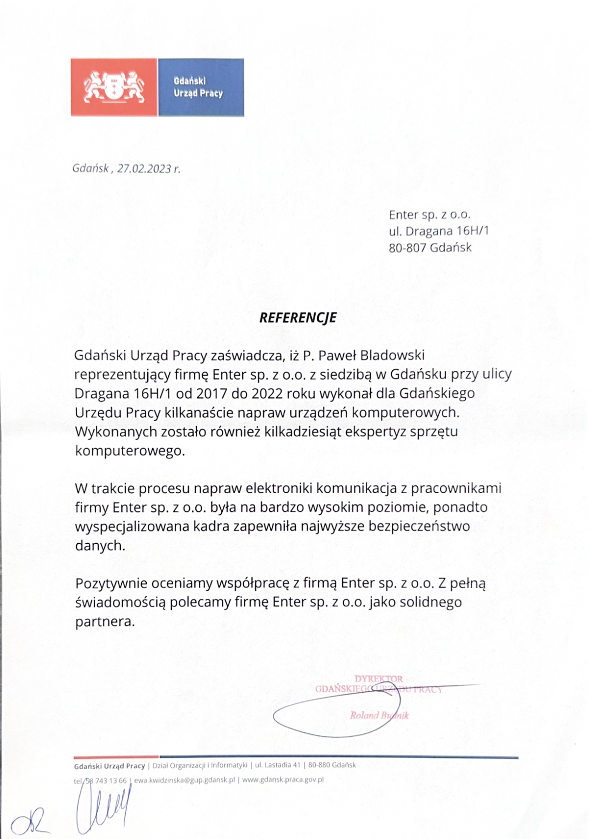 Referencja od Gdański Urząd Pracy