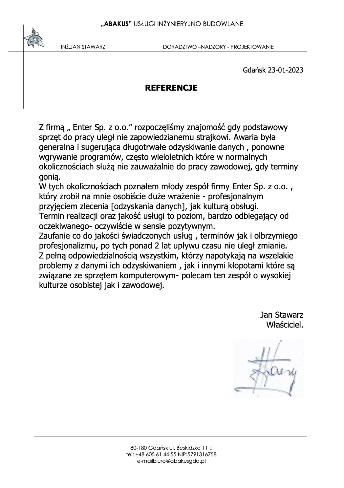 Referencja od ABAKUS Usługi Inżynieryjno-Budowlane