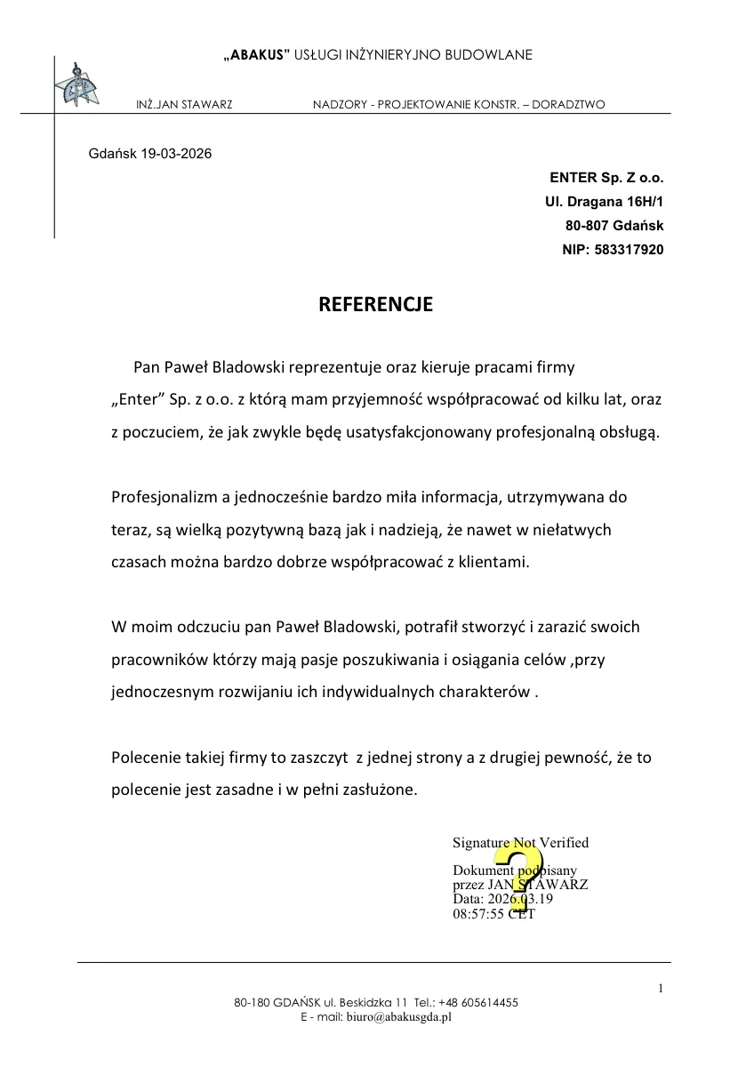 Referencja od ABAKUS Usługi Inżynieryjno-Budowlane