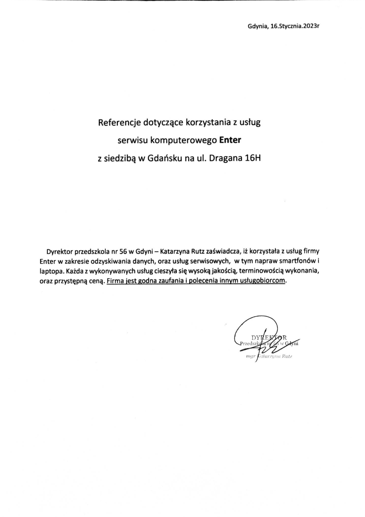 Referencja od Przedszkole Nr 56 w Gdyni