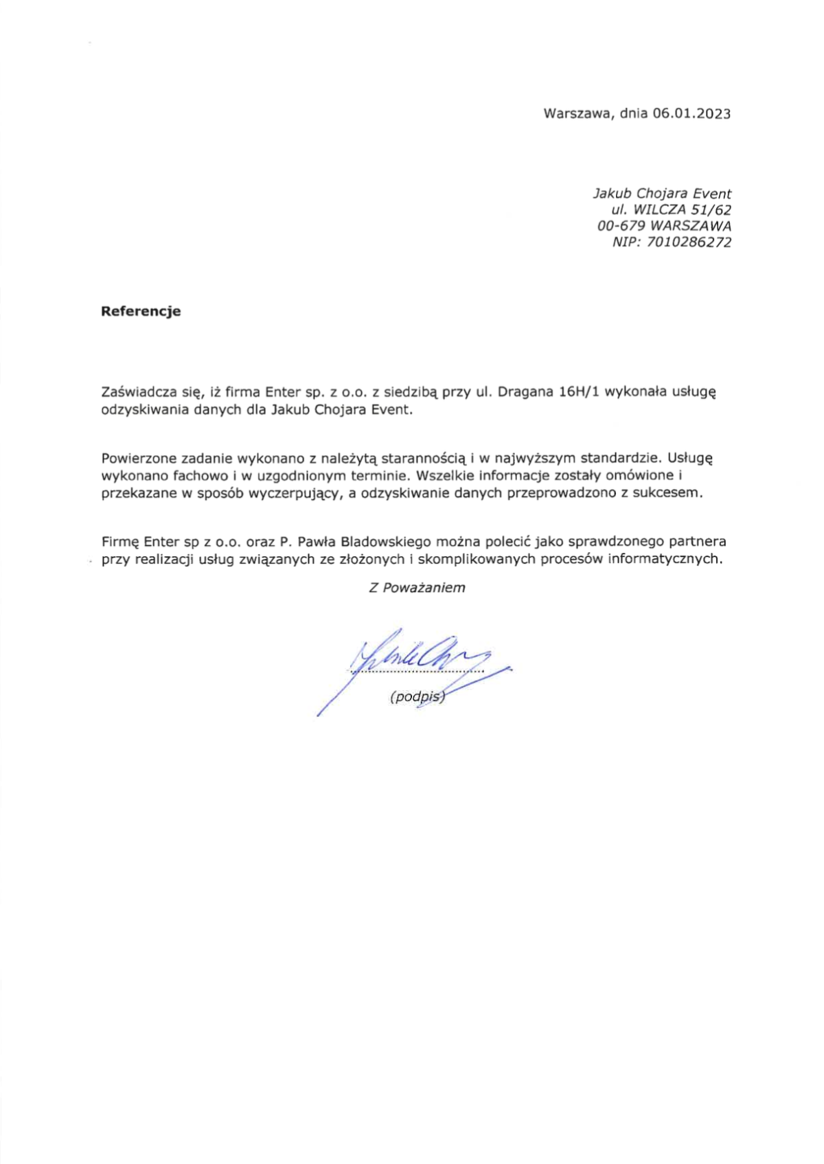 Referencja od Jakub Chojara Event