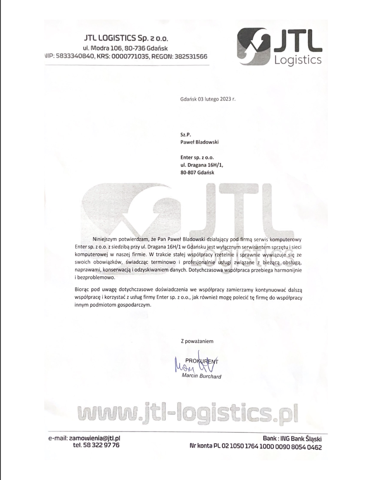 Referencja od JTL Logistics Sp. z o.o.