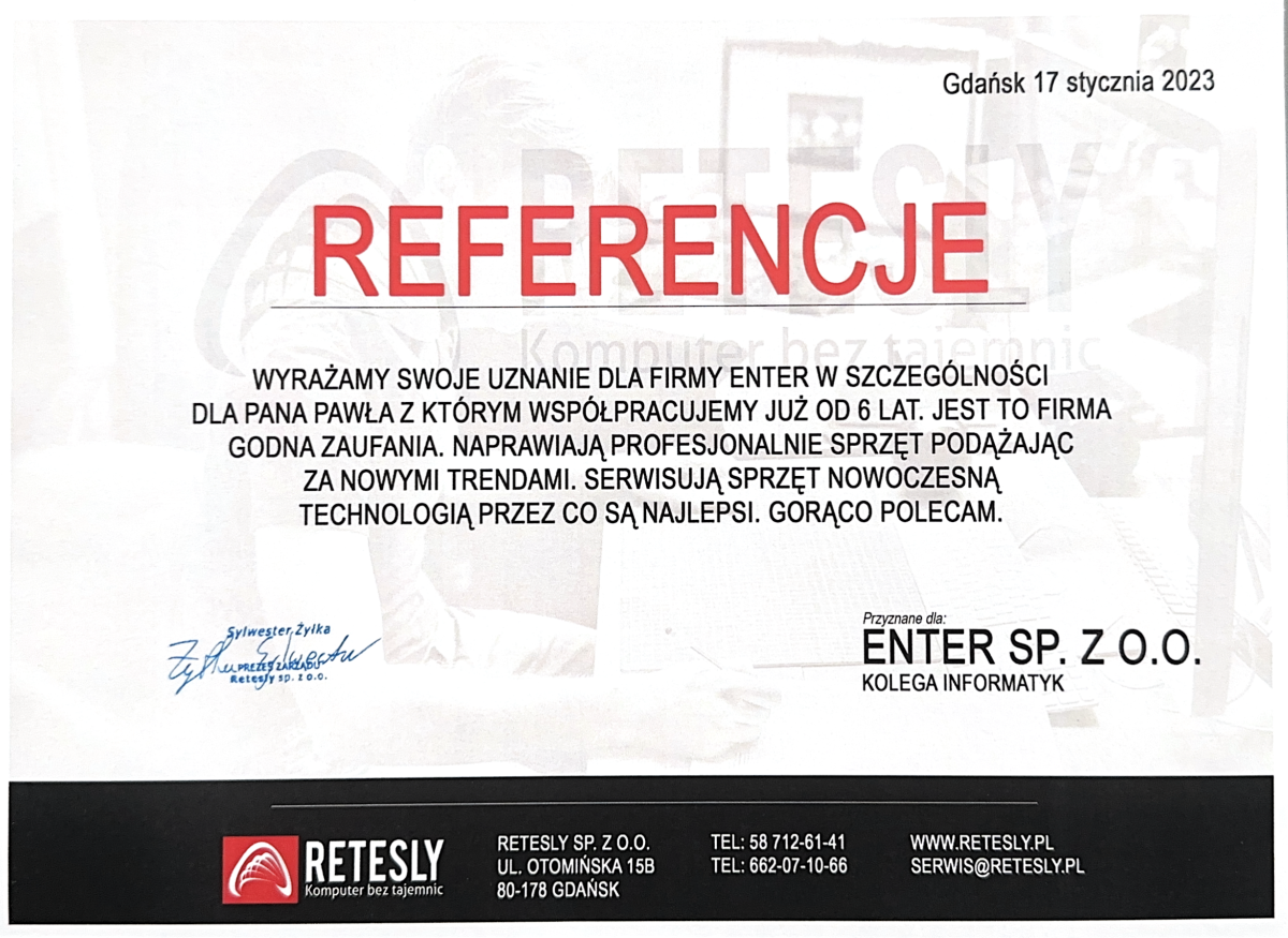 Referencja od RETESLY Sp. z o.o.
