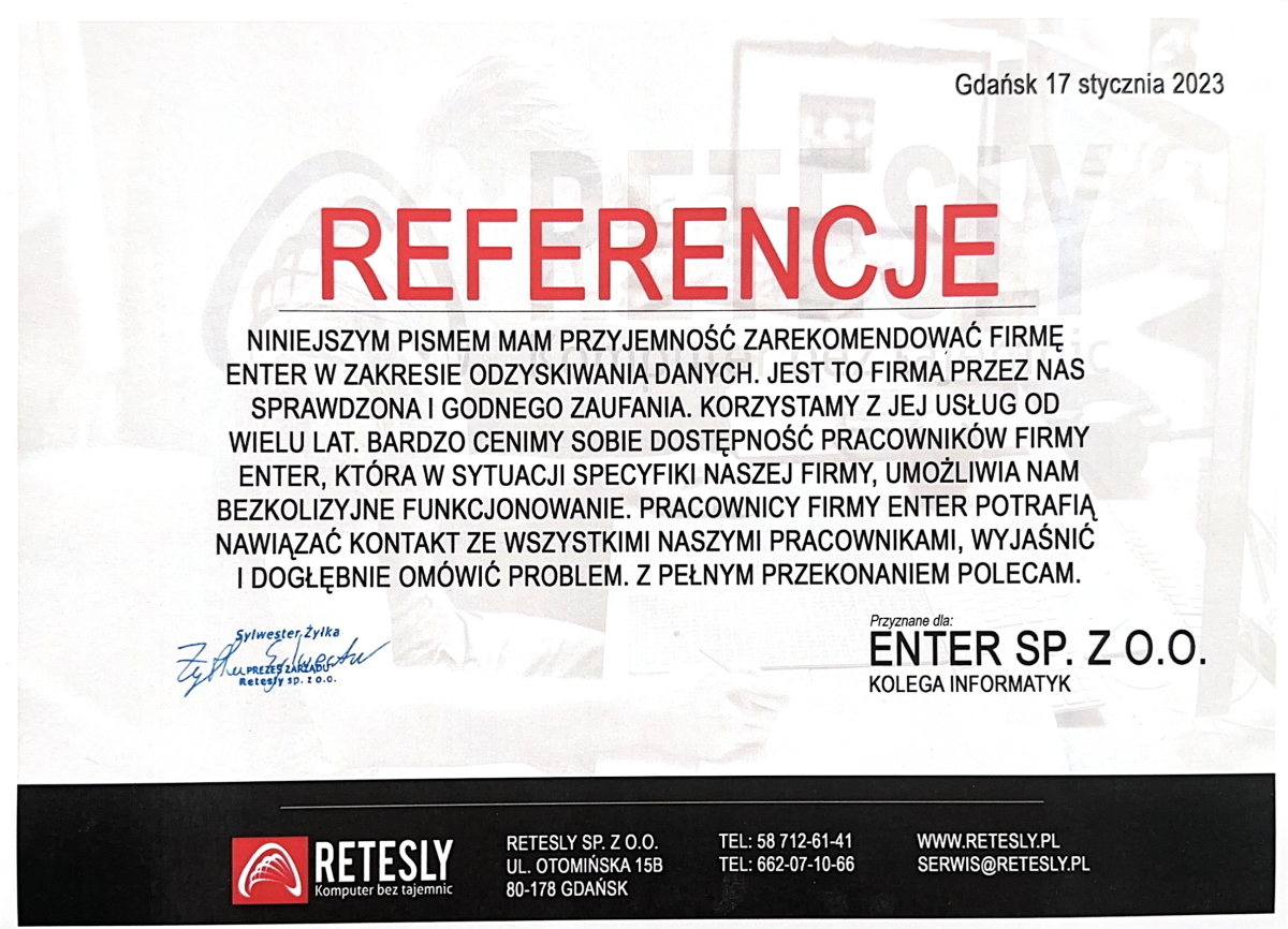 Referencja od RETESLY Sp. z o.o.